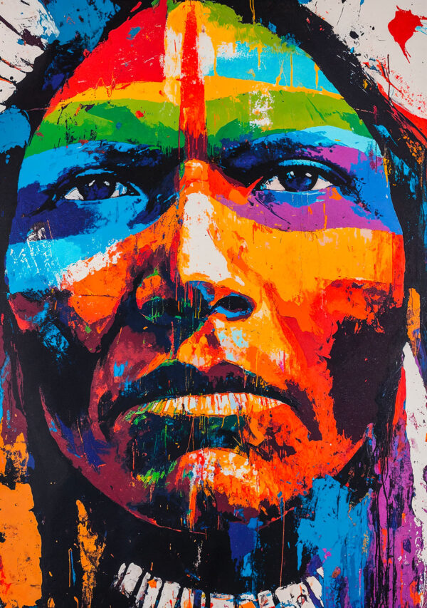 Colorful portrait in street art style of a Native American chief – artwork created with the Indian Face stencil. Expressive, modern, and striking.