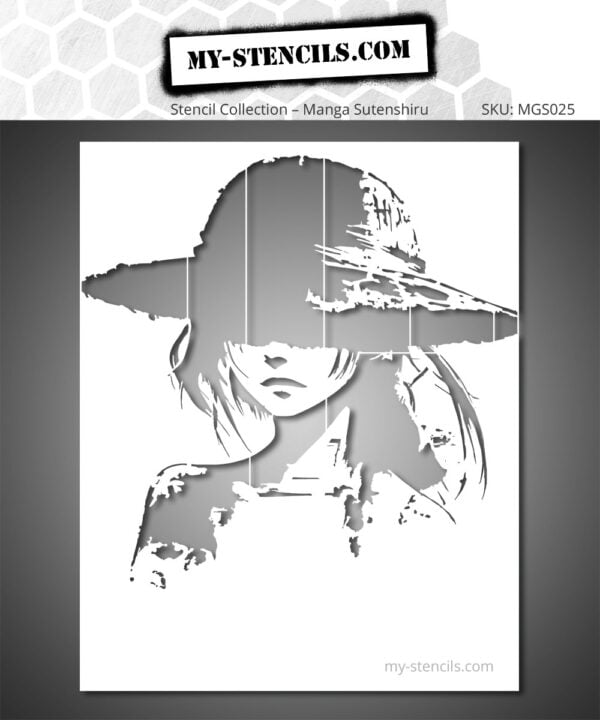 Manga-Style Heroine with Hat Stencil – ideal for customizing walls, furniture, fabrics, or other creative décor projects.