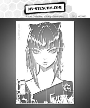 Manga Cat-Eared Woman Stencil, reversible and reusable, high quality. Available in multiple sizes for painting, canvas, and personal artwork.