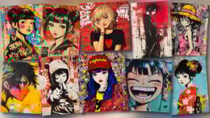 Illustration of the Manga Sutenshiru collection – 10 stencils featuring stylized manga characters blending Japanese aesthetics and street art.
