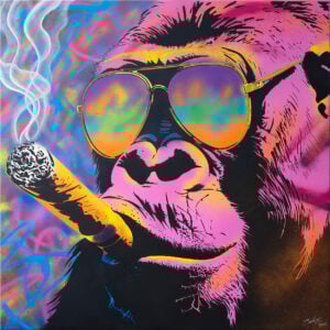 Final artwork 'The Don' by John Beckley – graffiti-style gorilla with mirrored sunglasses and smoking cigar on a vibrant neon background