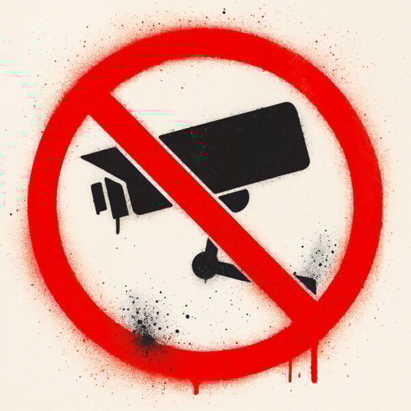 Stencil showing a surveillance camera crossed out in a red circle, with black and red paint drips and splatters, symbolizing criticism of mass surveillance.