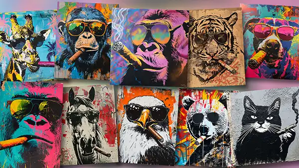 Artworks made with Wild Smockers stencils – stylized street art animals with sunglasses and cigars