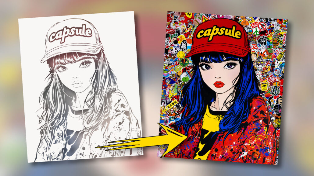 Shōjo Résiste stencil — before/after illustration of a manga heroine in a pop and urban world, between line art and a burst of color