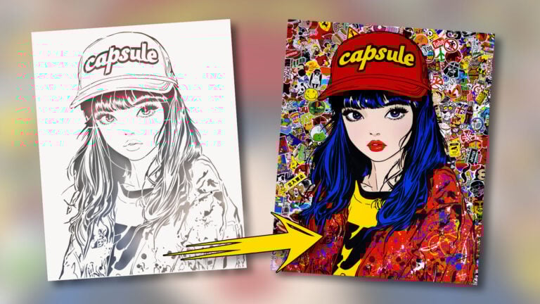 Shōjo Résiste stencil — before/after illustration of a manga heroine in a pop and urban world, between line art and a burst of color