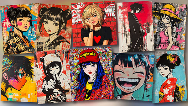 Illustration of the Manga Sutenshiru collection – 10 stencils featuring stylized manga characters blending Japanese aesthetics and street art.