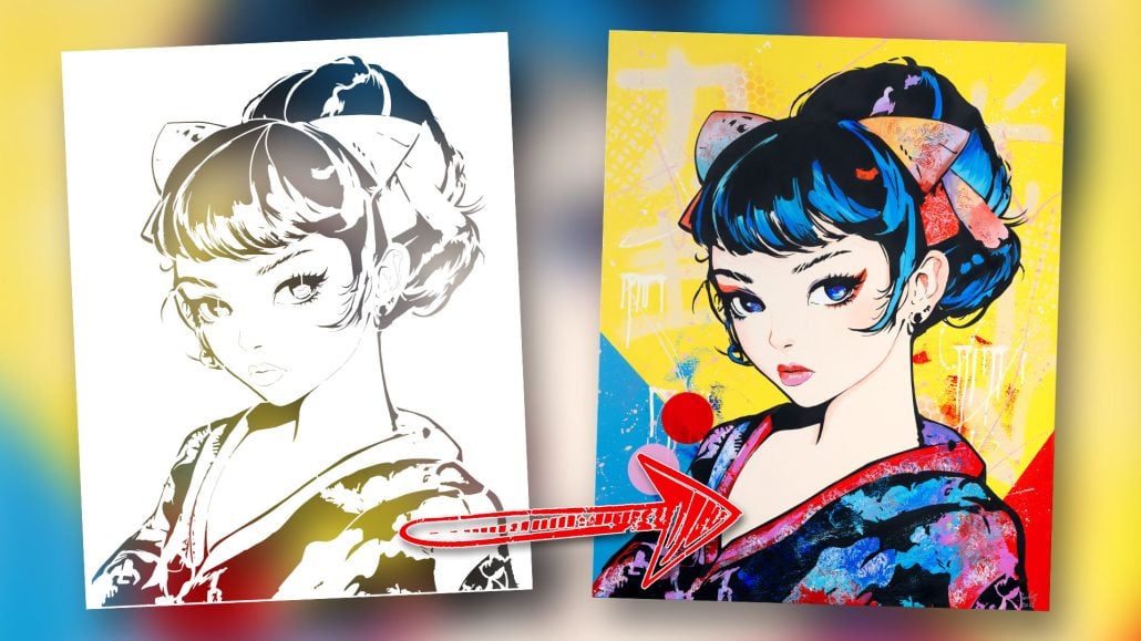 Before and after using the Geisha Moderne stencil to create the Pixel Geisha artwork by John Beckley — a fusion of manga and contemporary art.