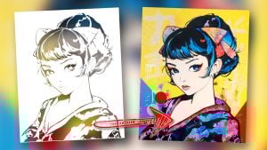 Before and after using the Geisha Moderne stencil to create the Pixel Geisha artwork by John Beckley — a fusion of manga and contemporary art.