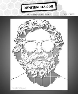 Greek god stencil in hipster style, offbeat urban art with raw street art aesthetics