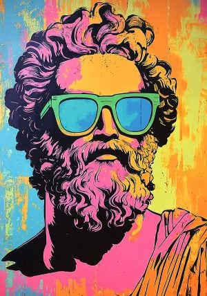 Pop art piece of Zeus wearing sunglasses, created using the “Zeus is Cool” stencil for a fun and quirky style.