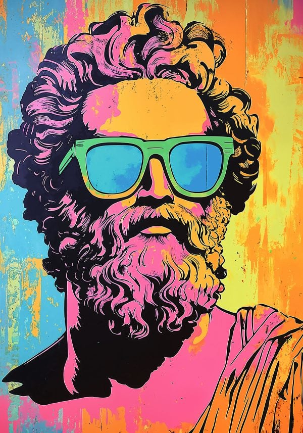 Pop art piece of Zeus wearing sunglasses, created using the “Zeus is Cool” stencil for a fun and quirky style.