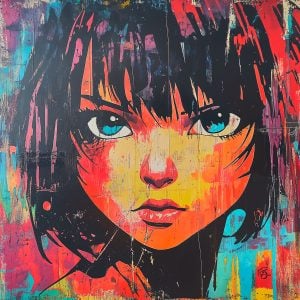 Manga Heroine Intense Gaze Stencil – raw urban street art style, Banksy-inspired, graffiti and New York street art