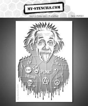 Albert Einstein Punk Stencil - portrait in raw street art style, Banksy-inspired, New York graffiti influence, simple yet emotionally powerful visual