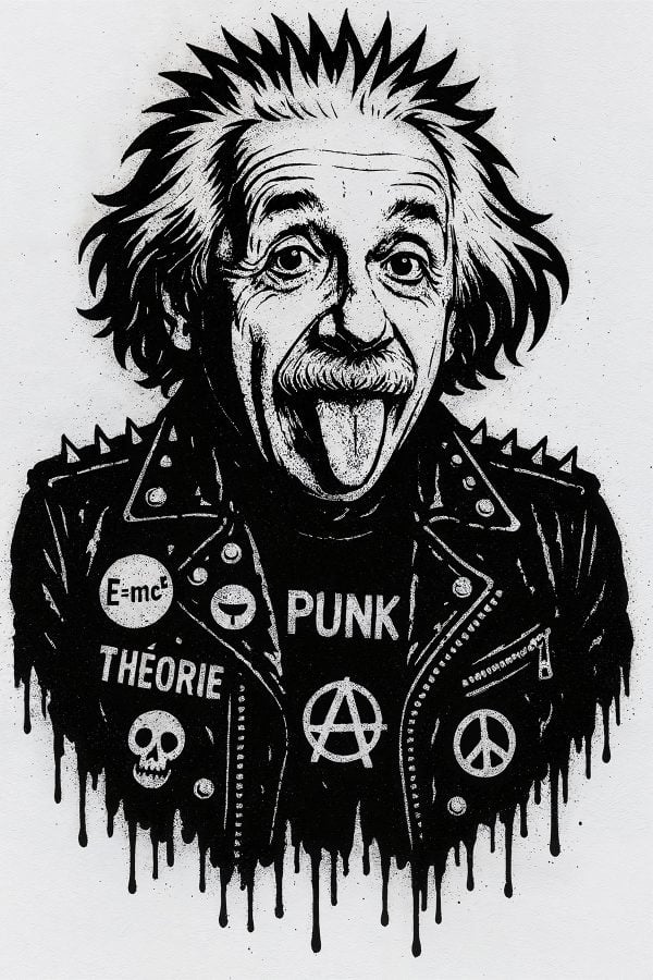 Artwork achievable with the Albert Einstein Punk stencil – paint raw urban art inspired by Banksy, expressive graffiti in the style of New York street art.