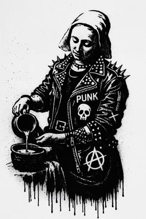 The Milkmaid punk stencil reinterpretation, bold graffiti blend with raw emotion, in New York street art style