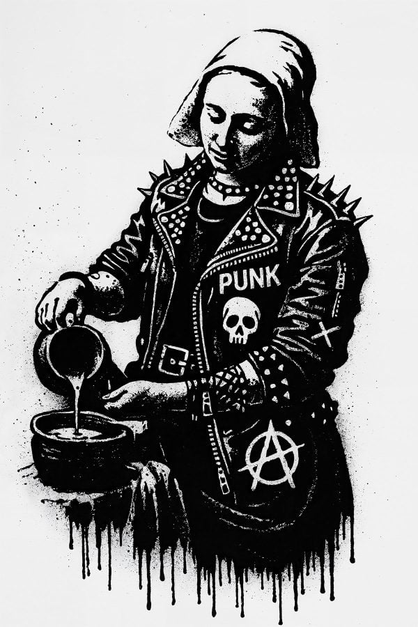 The Milkmaid punk stencil reinterpretation, bold graffiti blend with raw emotion, in New York street art style