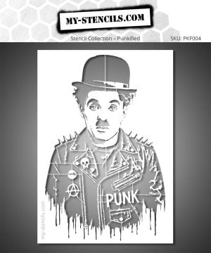 Charlie Chaplin Punk stencil, reimagined portrait in raw urban art, graffiti style inspired by Banksy