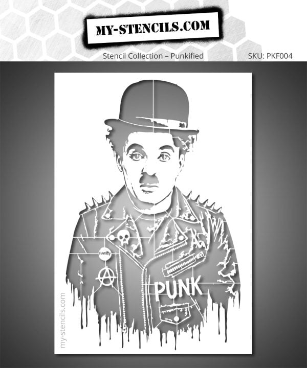 Charlie Chaplin Punk stencil, reimagined portrait in raw urban art, graffiti style inspired by Banksy