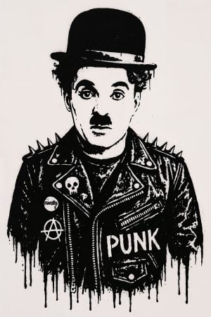 Charlie Chaplin punk stencil, fusion of silent film icon and New York street art aesthetic