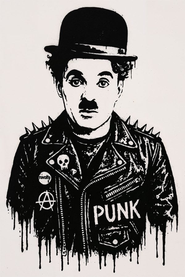 Charlie Chaplin punk stencil, fusion of silent film icon and New York street art aesthetic