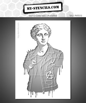 The famous Venus de Milo reimagined as a punk icon: spiked jacket, rebellious attitude, and street art spirit. A precise, reusable stencil that adds a modern and expressive touch to any surface.
