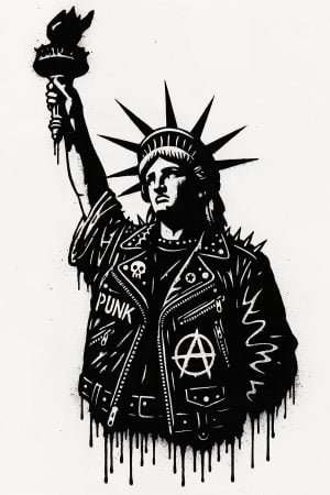 Punk Statue of Liberty Stencil – raw urban street art portrait with Banksy-inspired style, blending New York graffiti and street art vibes.