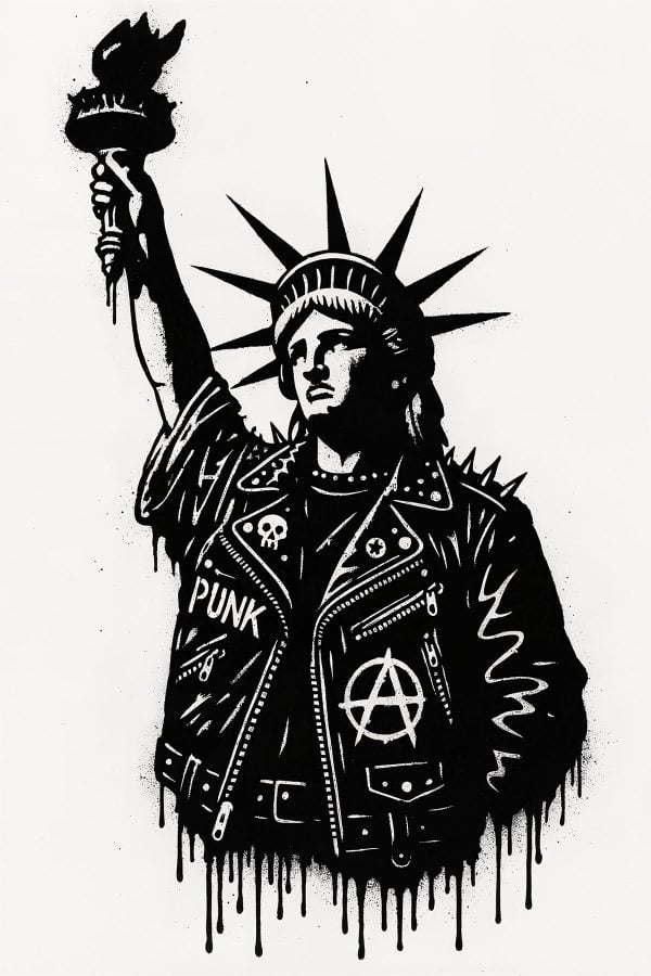 Punk Statue of Liberty Stencil – raw urban street art portrait with Banksy-inspired style, blending New York graffiti and street art vibes.