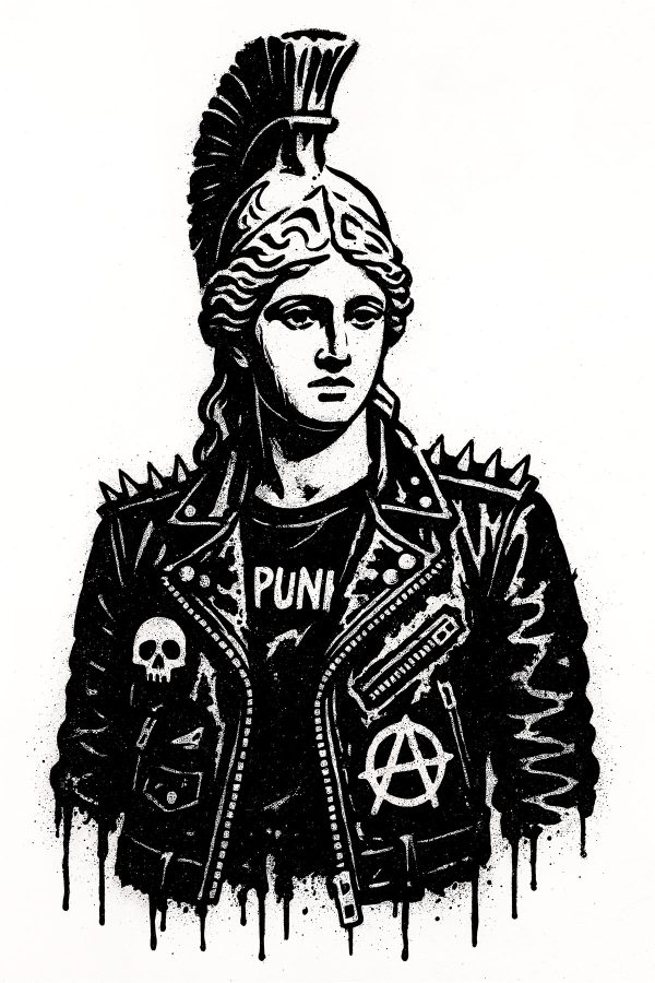 Athena Punk Stencil – portrait in raw urban street art style, Banksy-inspired, graffiti and New York street art
