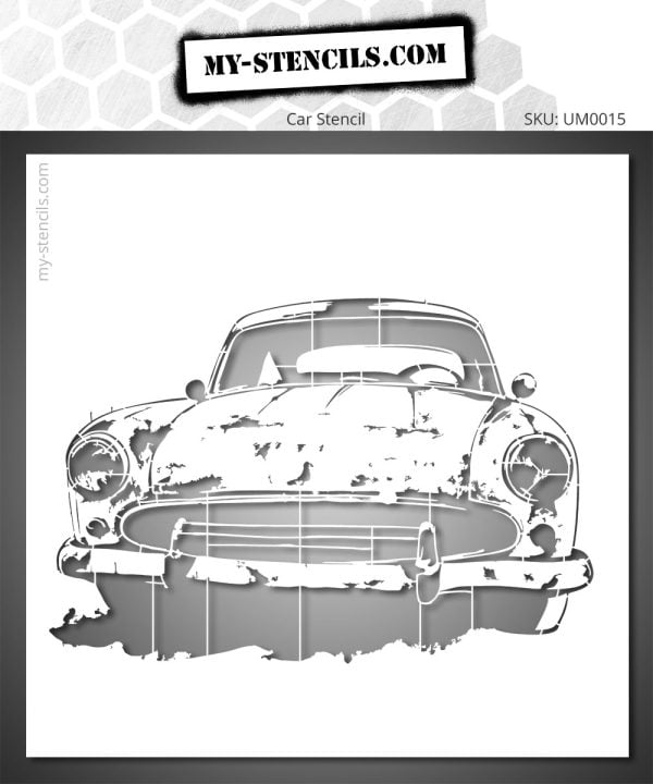 The American Car stencil reveals a sharp and striking design: round headlights, a massive hood, and a bold grille. A graphic look that captures all the power and beauty of the classic cars from the fifties.