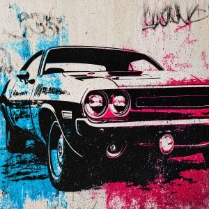 Dodge Challenger stencil silhouette, aggressive lines and gritty urban street art aesthetic