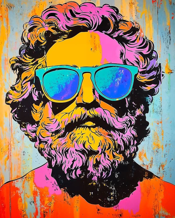 Hipster stencil portrait of a Greek deity, fusion of classical antiquity and contemporary urban culture