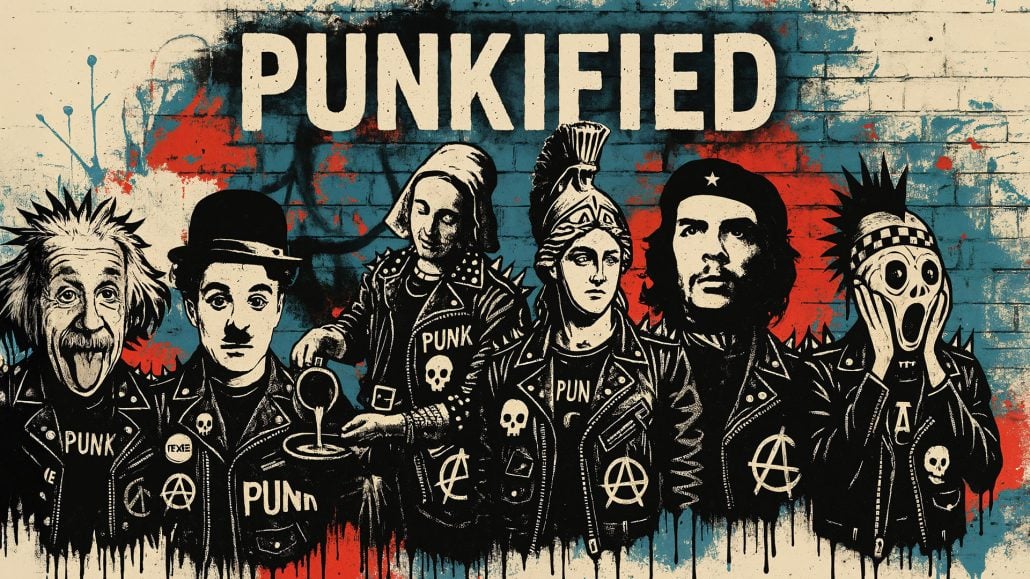 Punk stencils from the Punkified collection featuring Einstein, Charlie Chaplin, the Milkmaid, Athena, Che Guevara and The Scream in a rebellious version with studded jackets and the graffiti 'PUNKIFIED' in the background