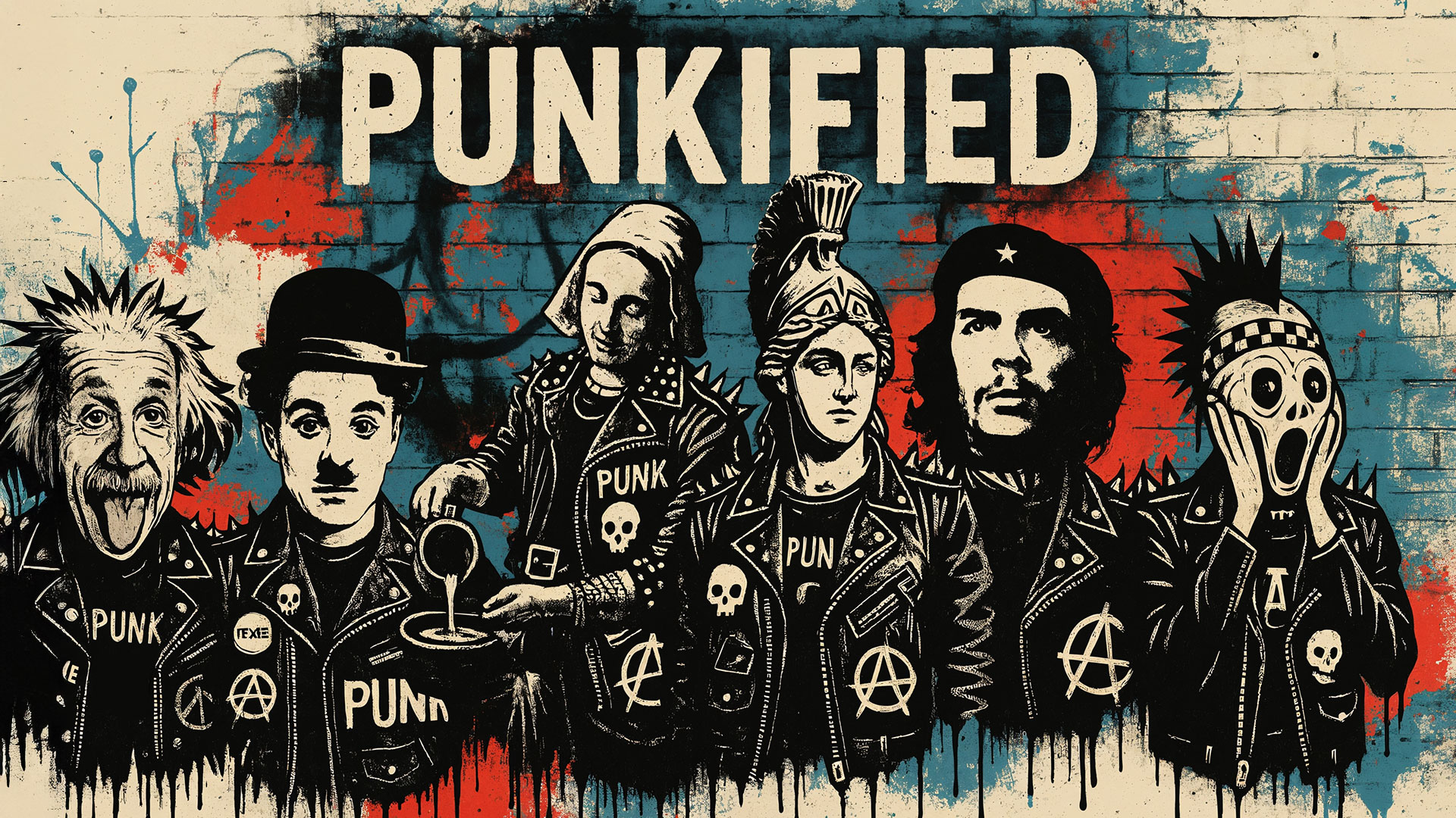 Punk stencils from the Punkified collection featuring Einstein, Charlie Chaplin, the Milkmaid, Athena, Che Guevara and The Scream in a rebellious version with studded jackets and the graffiti 'PUNKIFIED' in the background