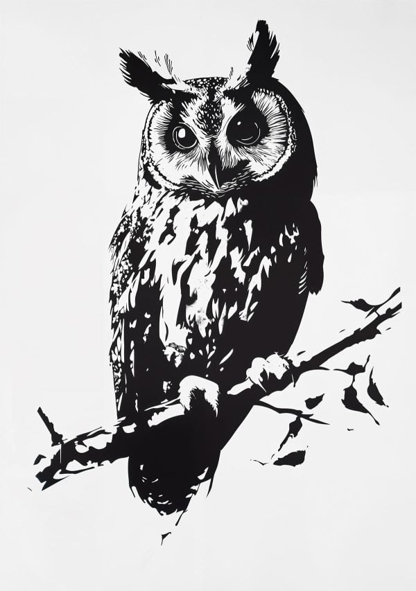 Perched Owl Stencil on a branch, nature and forest style, reusable stencil for decorative painting