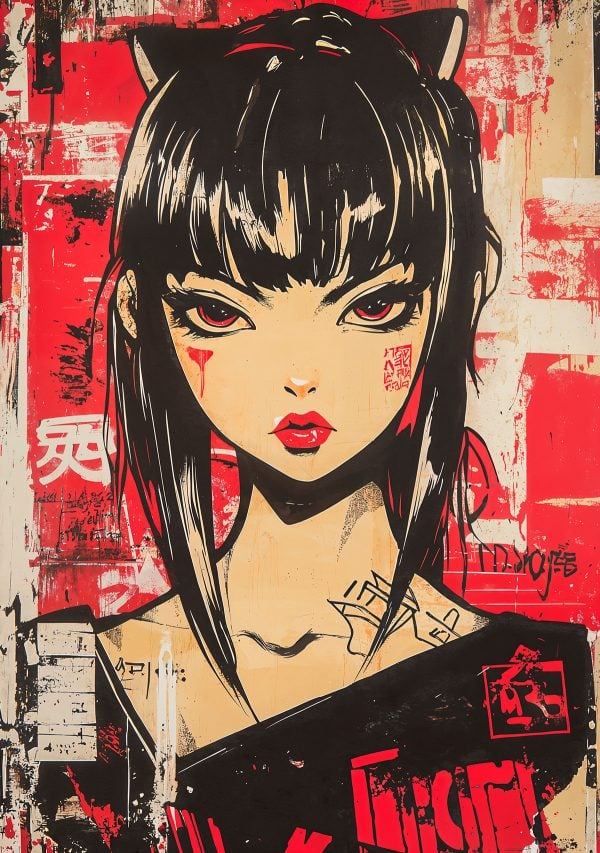 Japanese-inspired portrait created with the Manga Cat-Eared Woman stencil.