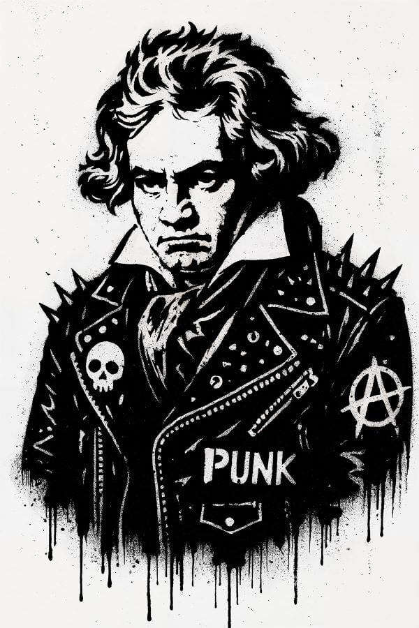 Ludwig van Beethoven is reimagined here in a bold and striking punk version thanks to this exclusive stencil from our shop.
