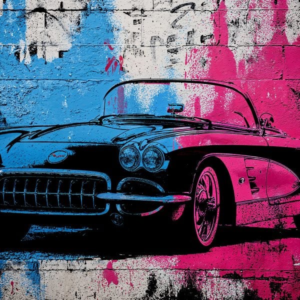Street art style artwork painted with retro Corvette stencil – vintage American car inspiration for wall decoration and painting