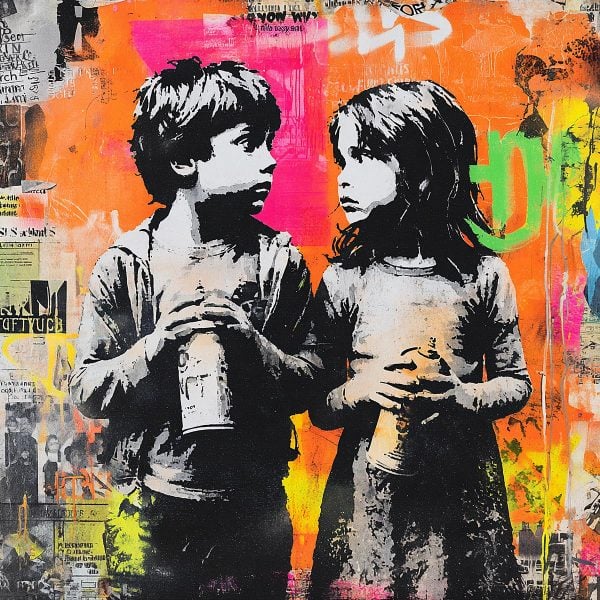 Artwork created with the Street Art Kids Stencil, inspired by the urban world and raw emotion. This piece captures the spontaneity and visual strength of graffiti while preserving the innocence unique to childhood. Ideal for adding a contemporary and expressive dimension to a wall, canvas, or artistic project.
