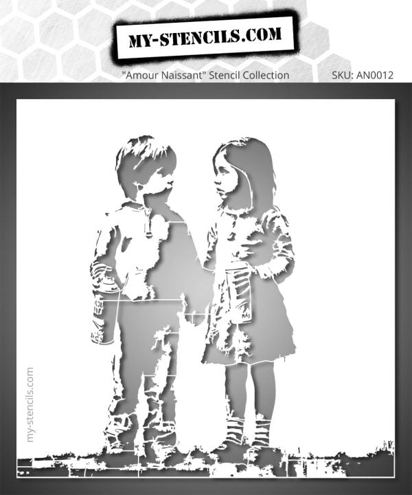Two children united by creativity and boldness. This child graffiti stencil blends tenderness, freedom, and the vibrant energy of street art in a scene full of character.