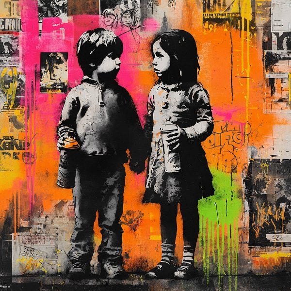 Artwork created with the Children Graffiti Stencil, blending innocence and urban energy. The raw contrasts and street art touches evoke the spontaneity of city walls while conveying simple, authentic emotion.