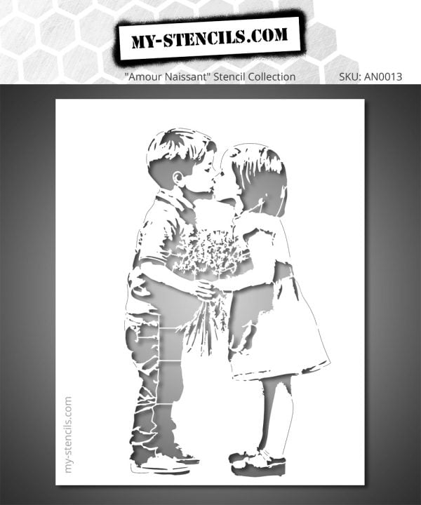 Lovers child stencil – a tender and innocent scene where a little boy offers flowers to a girl before kissing her. Inspired by street art, this Banksy-style stencil brings a poetic and urban touch to your decorative creations.