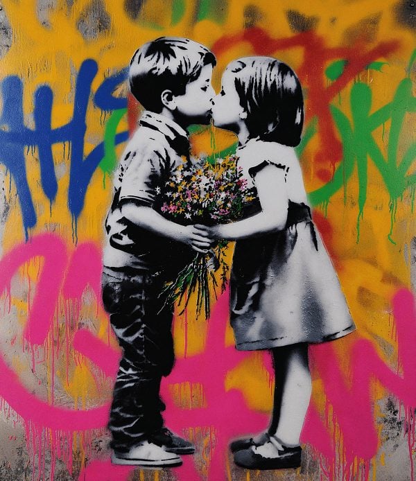 Artwork created with the Young Lovers Stencil, filled with tenderness and innocence. In a soft, poetic street art style, this piece captures the purity of a first glance and the simple beauty of childhood emotions.