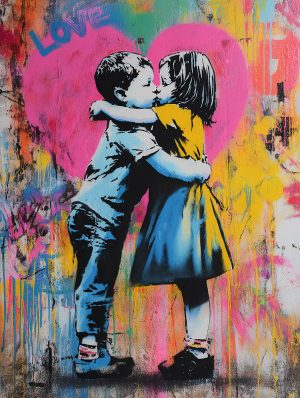 Painting created with the Kissing Children Stencil, a symbol of innocence and gentleness. Inspired by street art, it blends emotion and simplicity to evoke the tenderness of a suspended moment — like a naïve love declaration on the city’s walls.