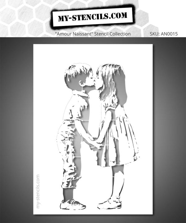 Couple of young lovers stencil – a design blending retro tenderness with the power of street art. Two children kiss in a poetic and timeless scene inspired by the urban world and the simplicity of emotion, in the spirit of Banksy. Perfect for creating wall art that is both gentle and impactful.