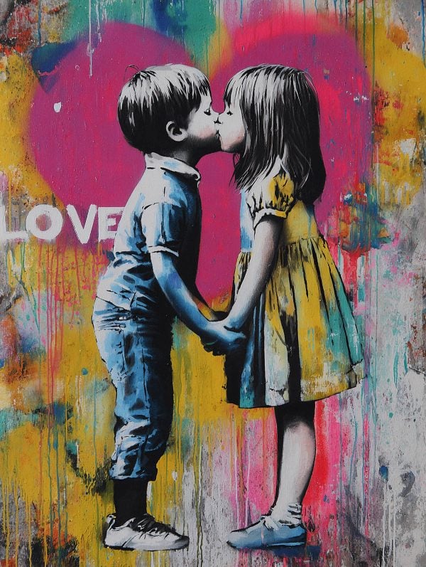 Illustration created with the Couple of Young Lovers Stencil — delicate and full of emotion. In a tender, nostalgic street art spirit, it captures the magic of first feelings and the poetry of childlike love frozen on the city’s walls.