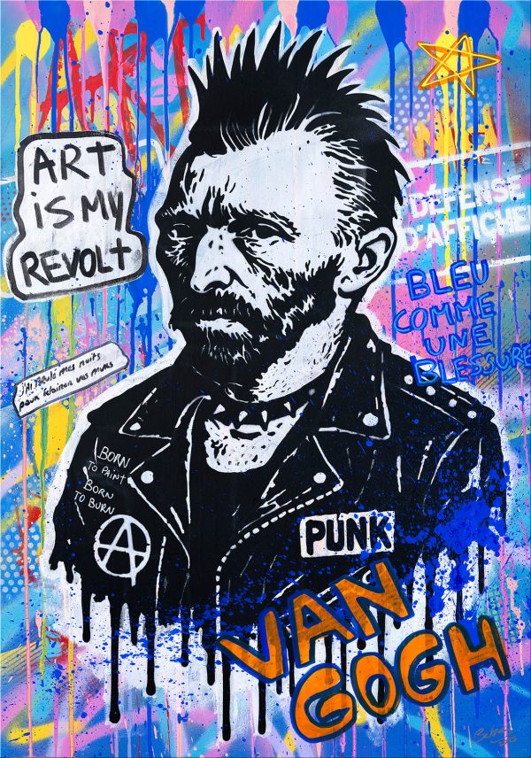 Street art painting of Vincent Van Gogh as a punk, created with a stencil, featuring a spiked mohawk, studded leather jacket, and colorful graffiti background