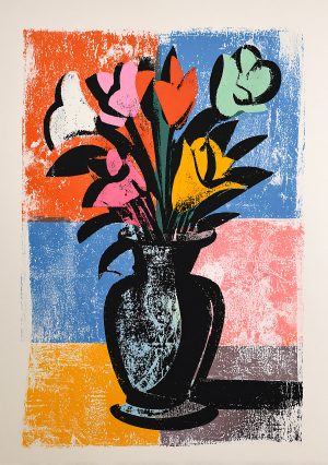 Creation made with the Bouquet de Fleurs stencil – a stylized bouquet with clean, harmonious lines in a vase of simple, balanced shapes. Inspired by modern art and studio graphic design.