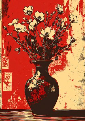 Painting created with the Wildflower Vase Stencil, featuring fine, contrasting lines reminiscent of studio engraving. Perfect for a poetic and elegant decoration.