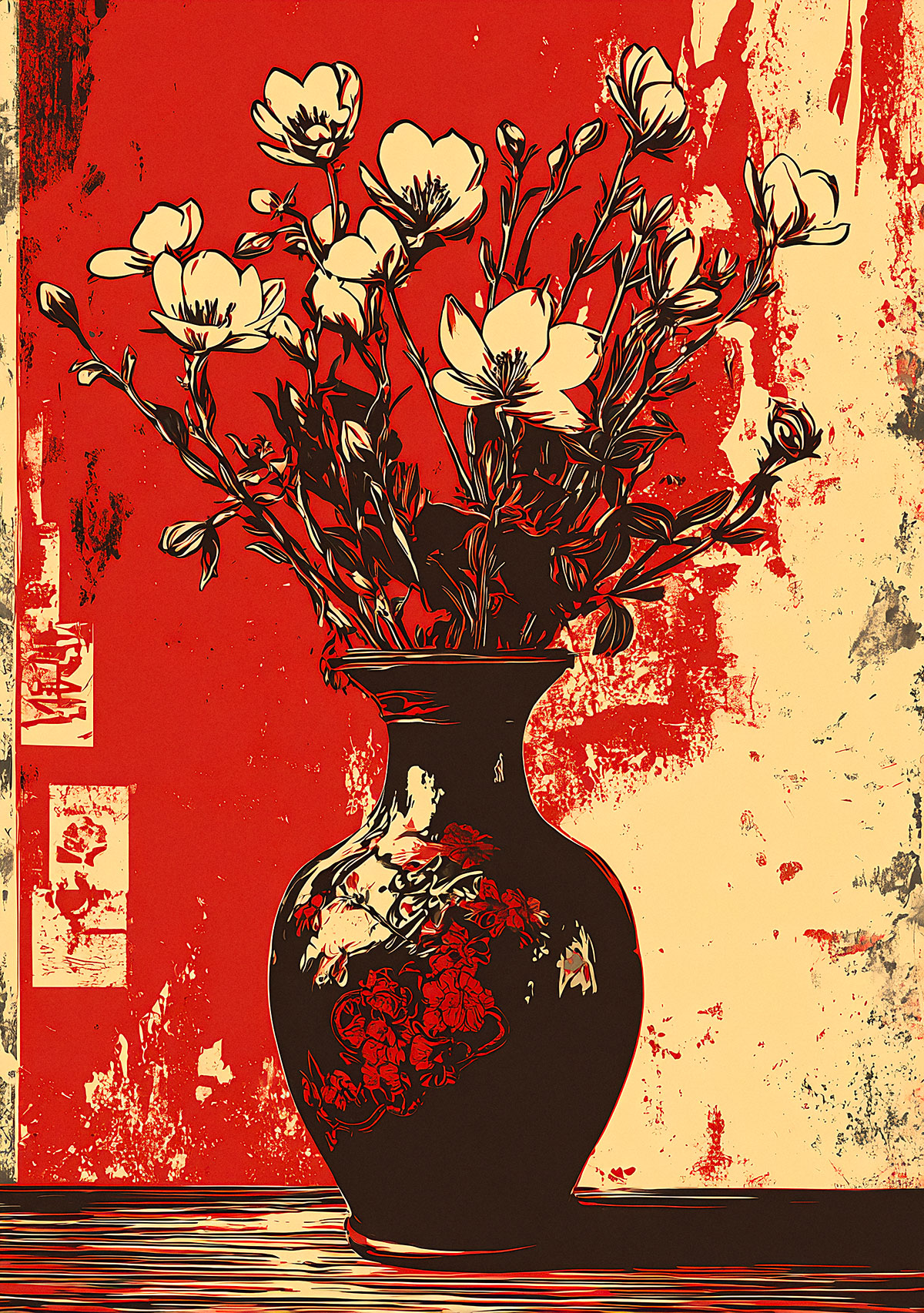 Painting created with the Wildflower Vase Stencil, featuring fine, contrasting lines reminiscent of studio engraving. Perfect for a poetic and elegant decoration.