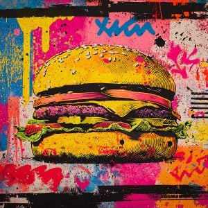 Example of a colorful artwork made with the Burger stencil, capturing a vibrant and pop street art spirit.